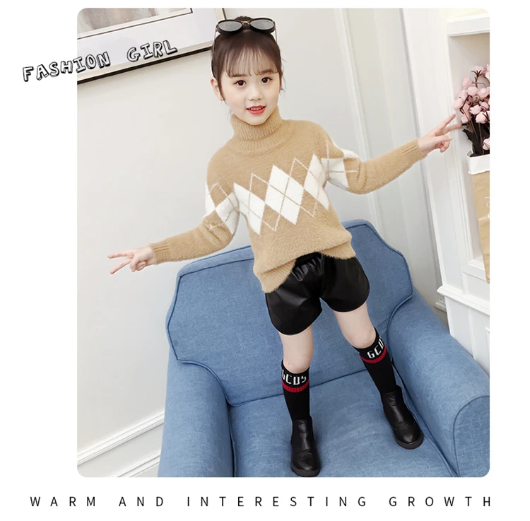 Fashion Autumn Winter Baby Girl Knitted Velvet Sweaters Casual Children Clothes Long Sleeve Turtleneck Thick Sweater 4-15Y