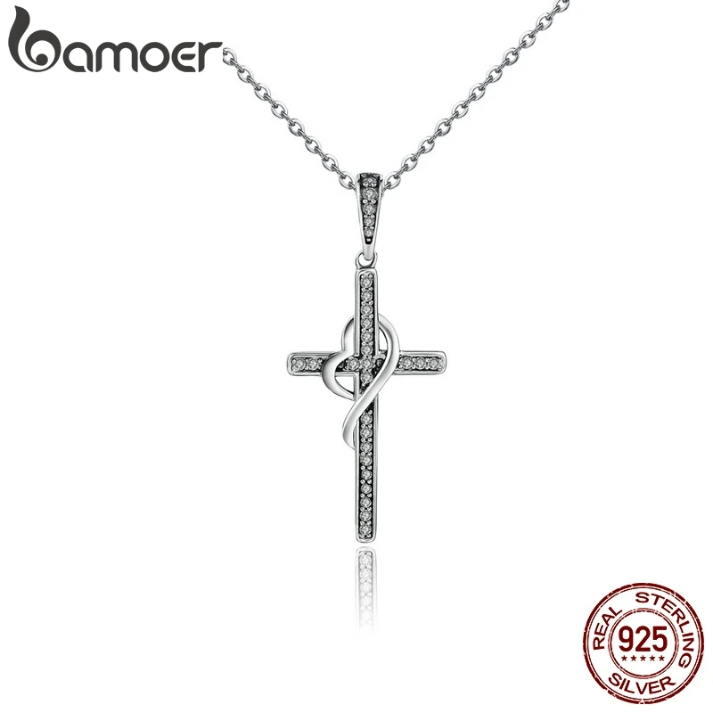 Najtaniej BAMOER New Arrival 925 srebro wiara w krzyż serce kryształ kobiety wisiorek naszyjniki biżuteria z prawdziwego srebra prezent SCN104