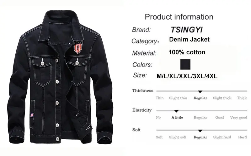 Tsingyi Повседневное 100% хлопок стирка джинсовая куртка черная Для мужчин Slim Fit отложной воротник с длинными рукавами куртка-бомбер джинсы
