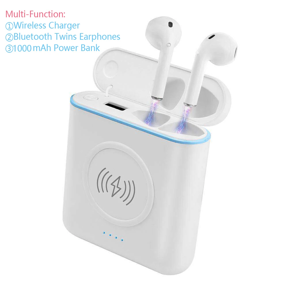 

New 3-in-1 Wireless Charger Twins Bluetooth Earphones 1000mAh Power Bank Charging Case For iPhone 7 8 X Plus Xiaomi Samsung Mp3