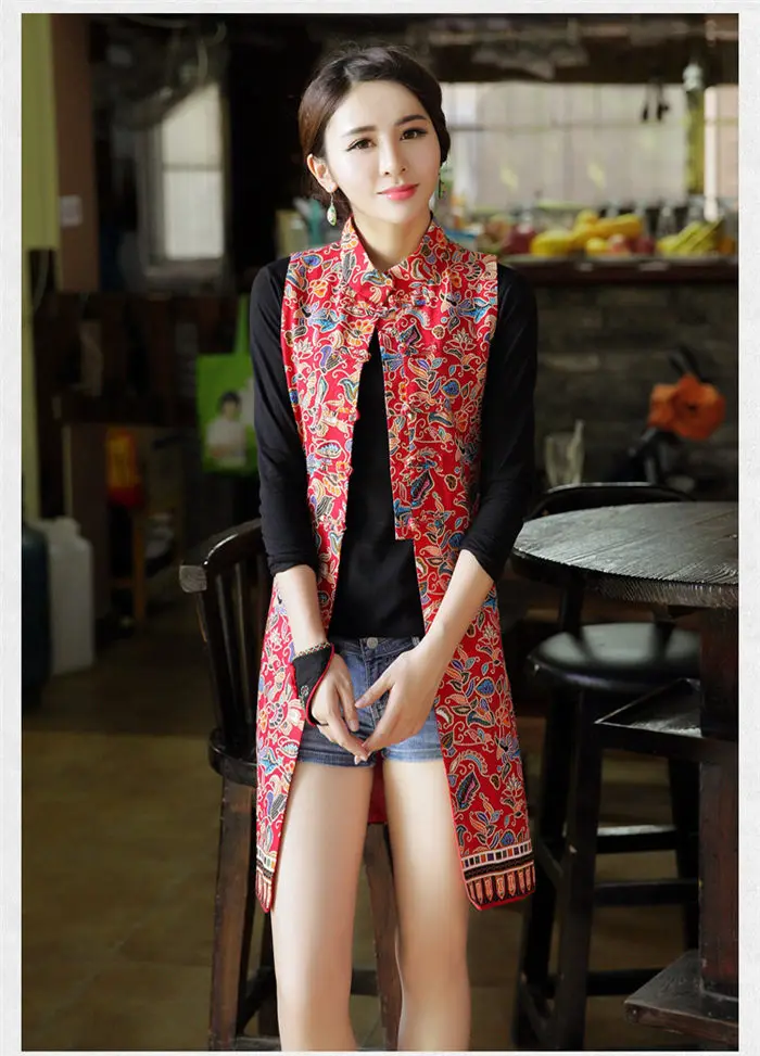 Woman Vest New Arrival Chinese Style Women Sleeveless Jacket Vintage Print Long Slim Ethnic Waistcoat Cotton Linen Tops f1073