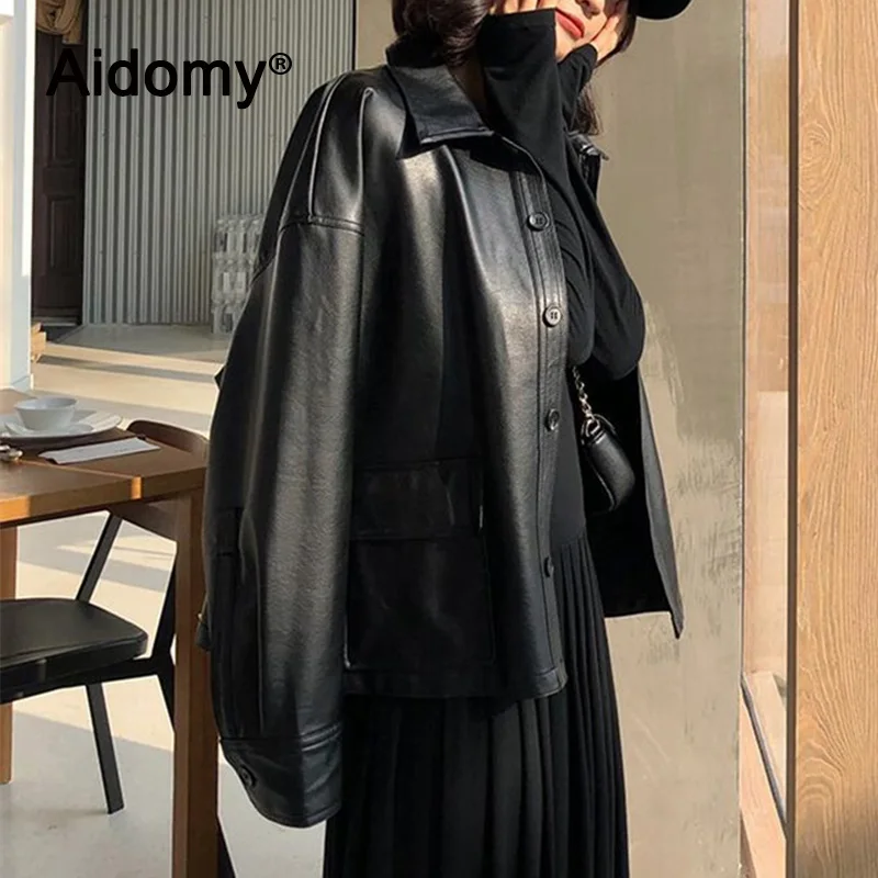 Online Camisas de cuero de imitación ropa de mujer 2019 Otoño Invierno prendas de vestir negro blusas Mujer cuello vuelto botones blusa de bolsillo