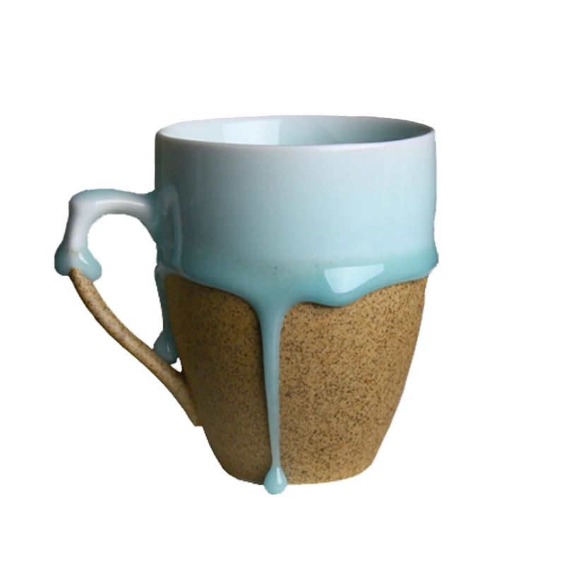 

Handmade Creative Ceramic Blue Flow Glaze Mug Round / Irregular Porcelain Cups White / Brown Coffee Milk Mugs