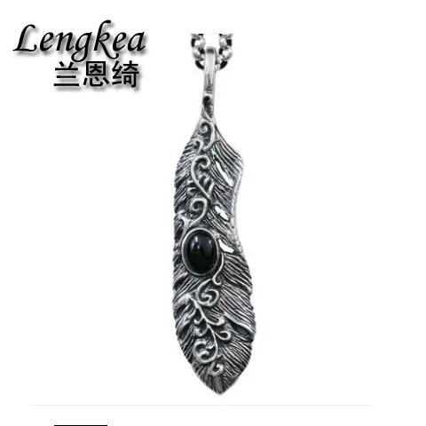 

Men choker 925 sterling silver necklace Vintage Indian style black agate FEATHER pendant men necklace women necklace accessories
