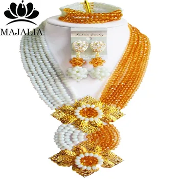 

Majalia Fashion Nigerian Wedding African Jewelry Set White and Gold champagne Crystal Necklace Bride Jewelry Sets 6SE031