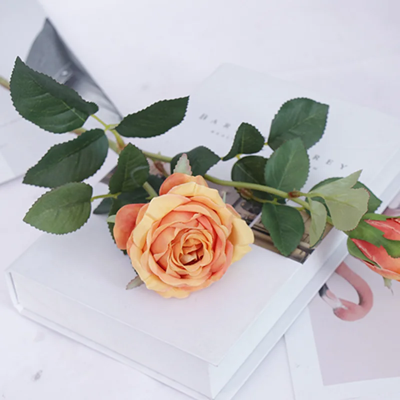 2 European Roses Artificial Flowers Decorative Flowers Eternal Rose for Decor for The Wedding Artificial Flower Bouquet Silk - Цвет: Оранжевый