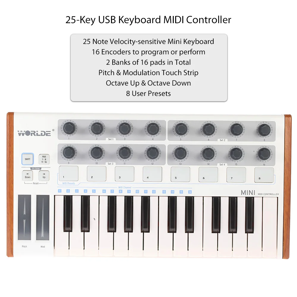 Worlde MIDI контроллер клавиатуры 25 клавиш с ультра портативной USB подушкой и