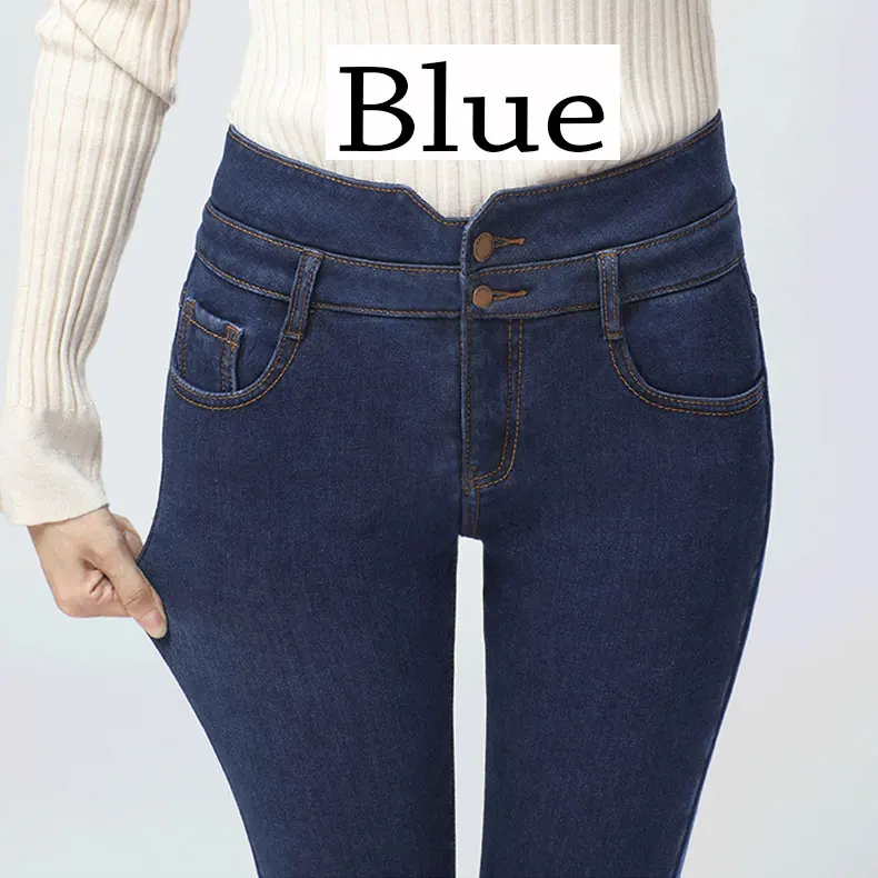 Blue Новые Стрейчевые теплые джинсы с высокой талией, кашемировые зимние черные джинсы для женщин, обтягивающие джинсы для женщин#077 - Цвет: Blue