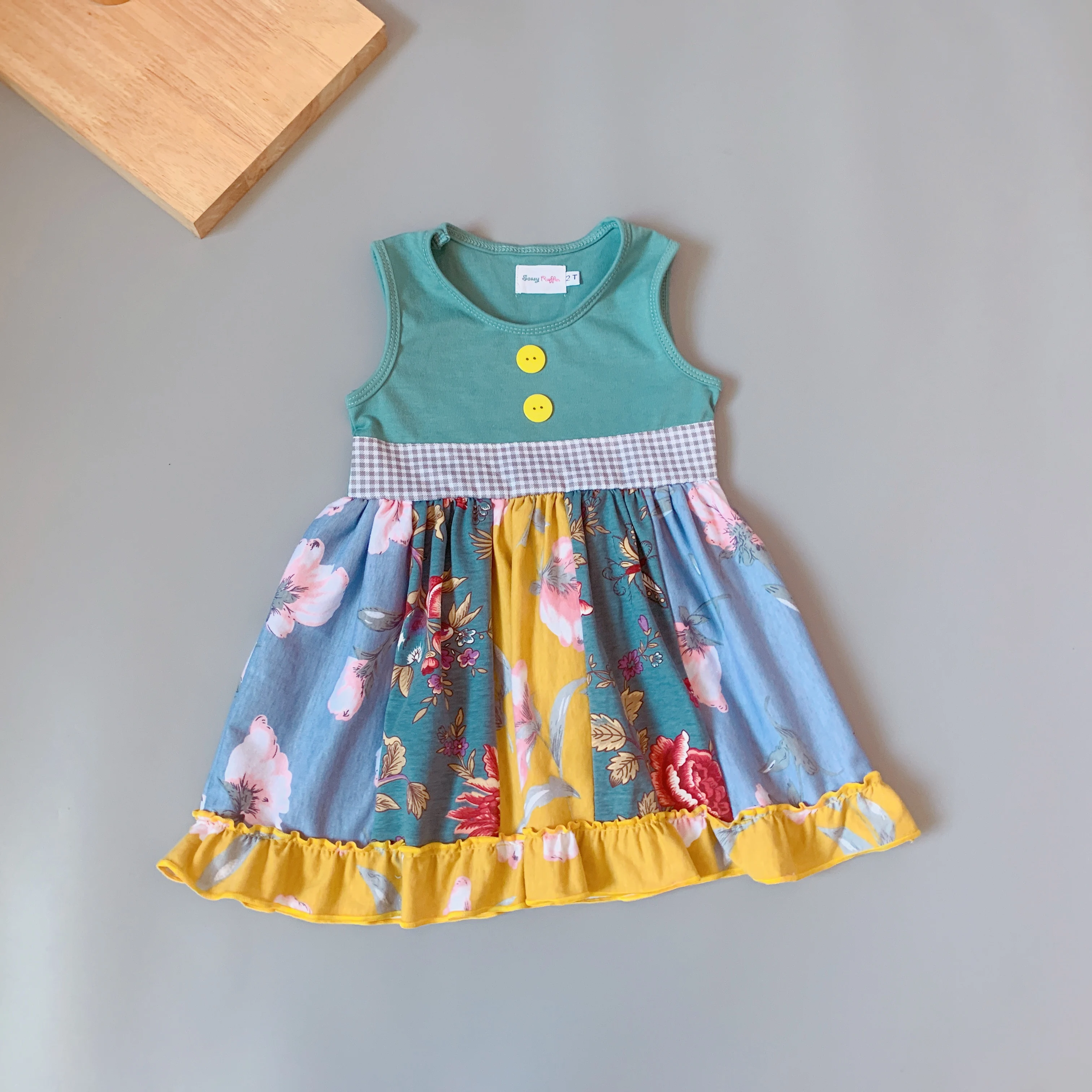 

Baby girl summer pure cobalt blue tops multipattern floral mosaic lovely dress Colorful tank dresses with yellow button
