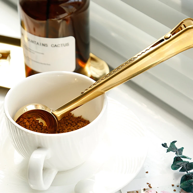 Stainless Steel Coffee Spoon Clip Coffee Tea Measuring Spoon Scoop with Bag Clip Kitchen Accessories Gold Silver Color (2)
