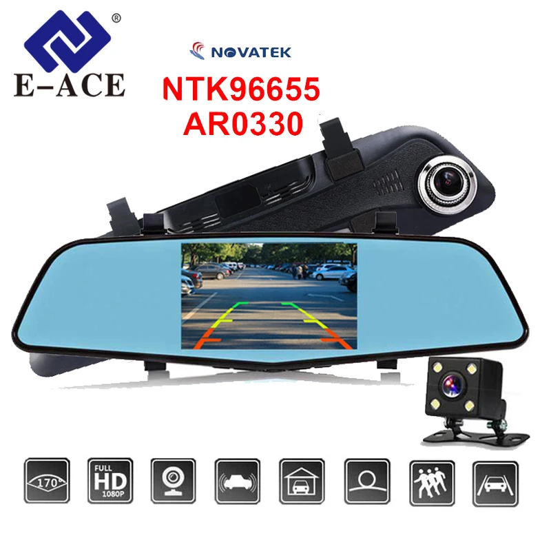 

E-ACE Car DVR Camera Novatek 96655 Full HD 1080P 4.5 Inch IPS Recorder Dual Lens with Rearview Mirror Auto Registrator Dashcam