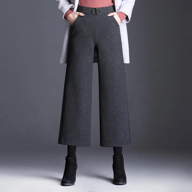 Осенние корейские Harajuku модные шерстяные брюки Женские однотонные черные с высокой талией широкие брюки женские свободные офисные женские брюки - Цвет: Gray Ankle-Length