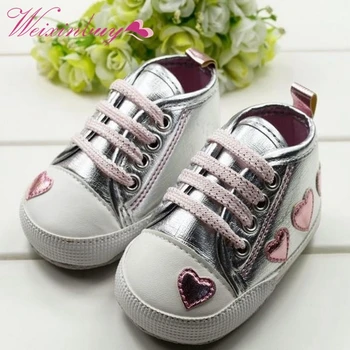 

Cute Pink Love Style Kid Toddler Baby Girl Silver Crib Heart Soft Shoes Walking Sneaker 0-18 M