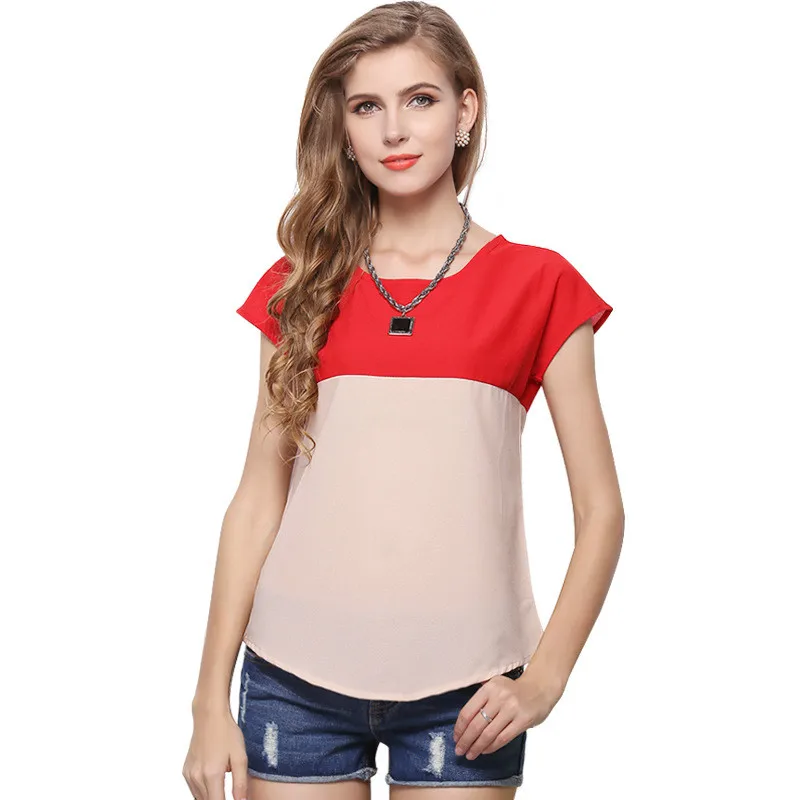 

2019 explosion models women's chiffon solid color contrast color stitching loose short sleeve bottoming casual t-shirt