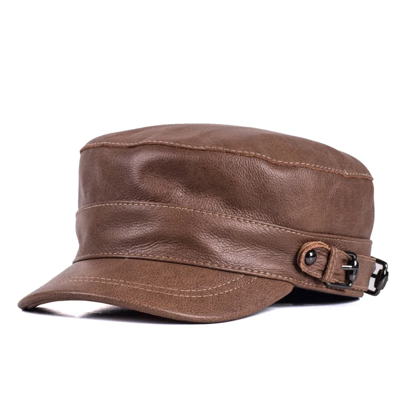 

RY111 LUXURY Unisex Flat Topped Navy Genuine Leather Cap For Man Woman Student Leisure Fitted Real Army Hat Trucker Golf Chapeau