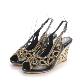 

New Summer Ladies Black Wedge Sandals Rhinestone High Heel Hollow Fish Mouth Shoes Travel Sandals Party Shoes 8CM