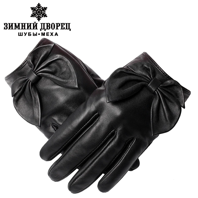 Ceny Nowe modne skórzane rękawiczki, skóra naturalna, bawełna, dla dorosłych, jesień krótkie rękawiczki, czarna kokarda modne damskie rękawiczki