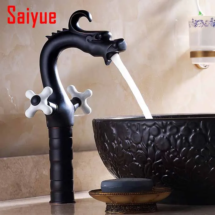 Black Antique Dragon Bathroom Basin Faucet brass  single handle Hot and Cold Water Tap Deck Mounted Mixer Tap (oil rubbed bronze