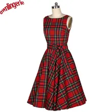 2016 xs xl sizes Summer Women Elegant V Neck Sleeveless 50s Red Plaid Dresses Slim Lady