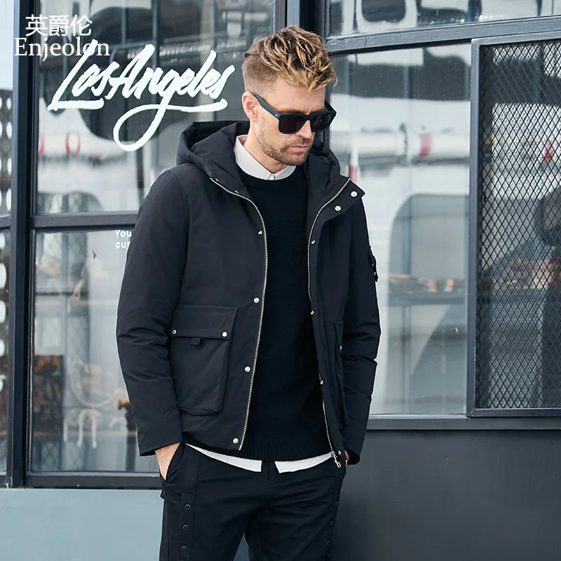 

Enjeolon brand winter thick winter down hoodies jacket men light hooded parka coat male warm parka coat 3XL down parka YR0134