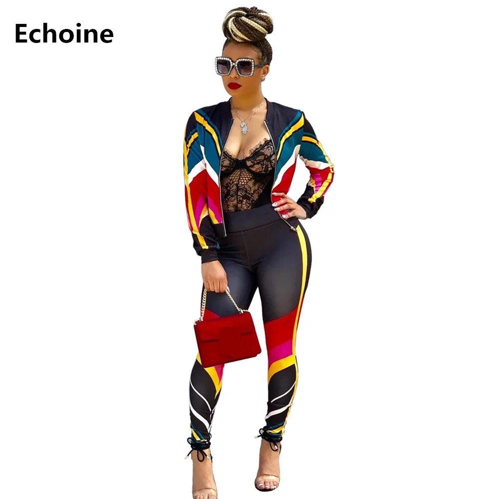 

New Women Sexy Sweatshirt Suit Colorful Striped Pachwork Sportwear Two Piece Set Jacket and Trousers Slim Fitness Sweat Suit
