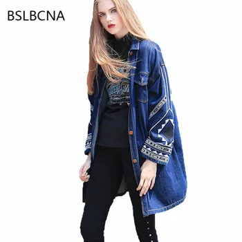 

Chinese Style Embroidery Autumn Denim Shirt Woman Casual Long Sleeve Female Medium Length Jeans Womens Tops And Blouses A68