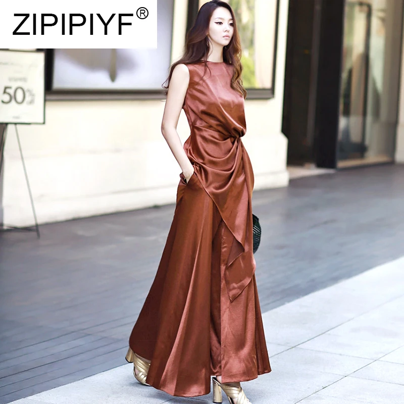 

Quality Satin Wide Leg Trousers Sets 2019 New Women's Fashion Two-piece Irregular Sleeveless Blouse + Solid Color Pants C1730