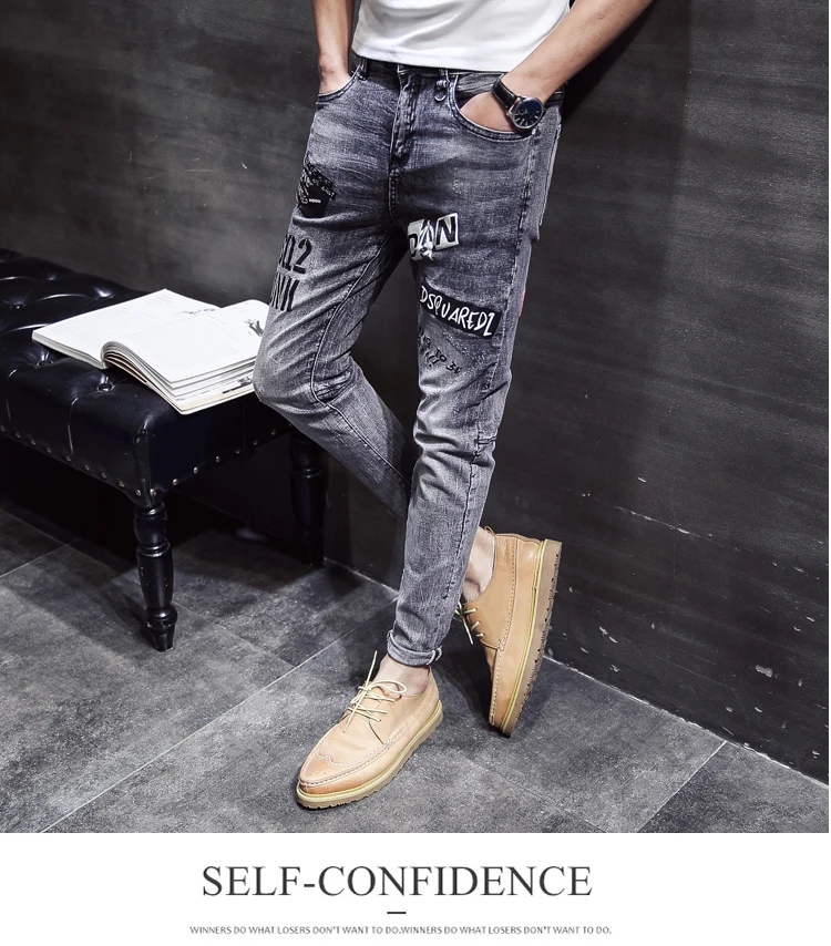 Лето 2019 г. новый тонкий срез упругие силы печати джинсы для женщин мужской горячий эластичная манжета брюки девочек уличная хип хоп