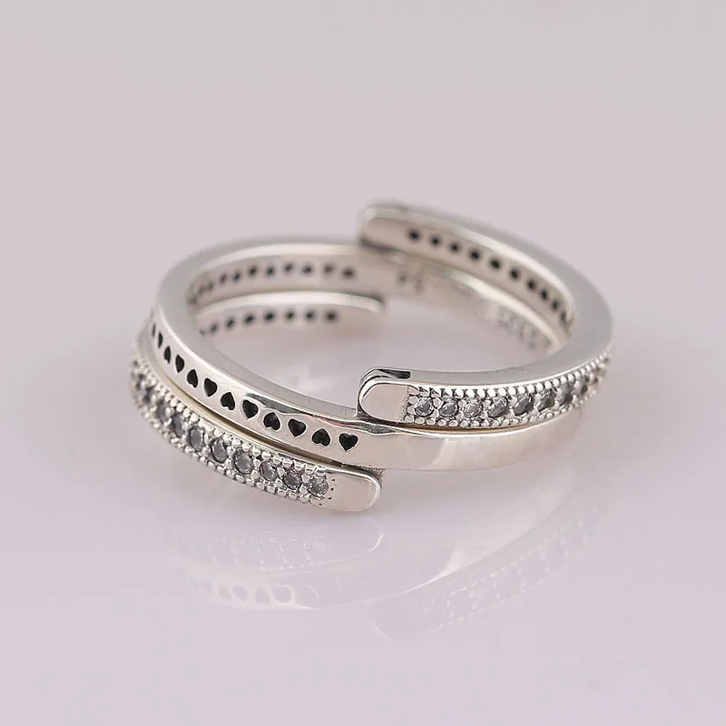 Authentic 925 Sterling Silver Ring Reversible Hearts With Crystal Ring For Women Wedding Party Gift Fine Europe Jewelry