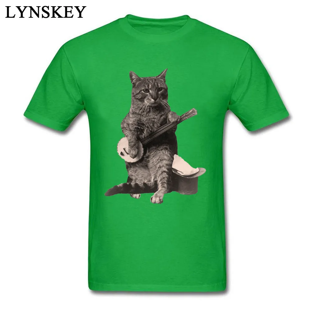 Men's T Shirts Classic Cool Short Sleeve Summer/Fall Tops Shirt Funky Crewneck All Cotton Tee Shirts Cat Playing Banjo Guitar green