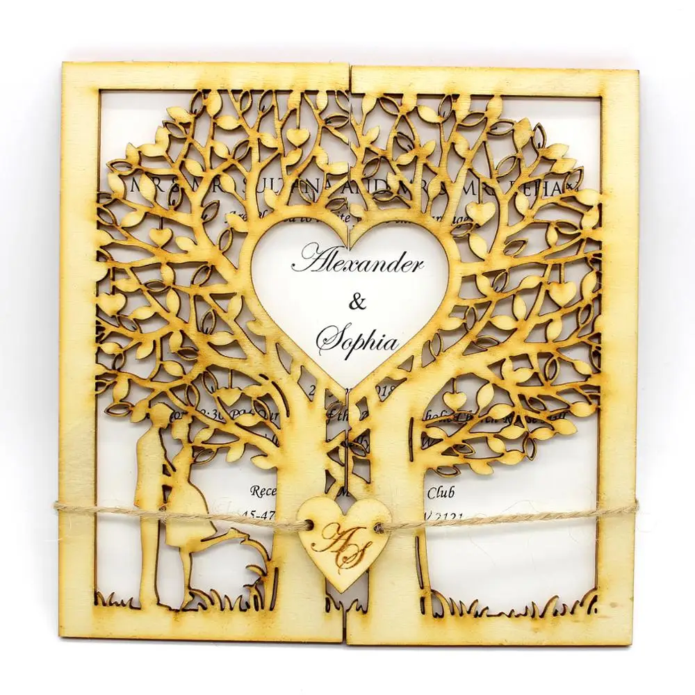  Rustic Wedding Invitation Wood Invitation Paper Invitation Cut Out Tree Tree of Life Engraved Heart - 33045367169