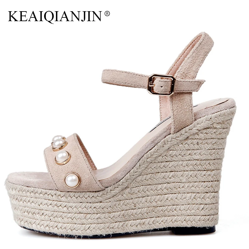 

KEAIQIANJIN Woman Genuine Leather Wedges Sandals Fashion Black High Heels Shoes Plus Size 33-43 Summer String Bead Sandals 2018