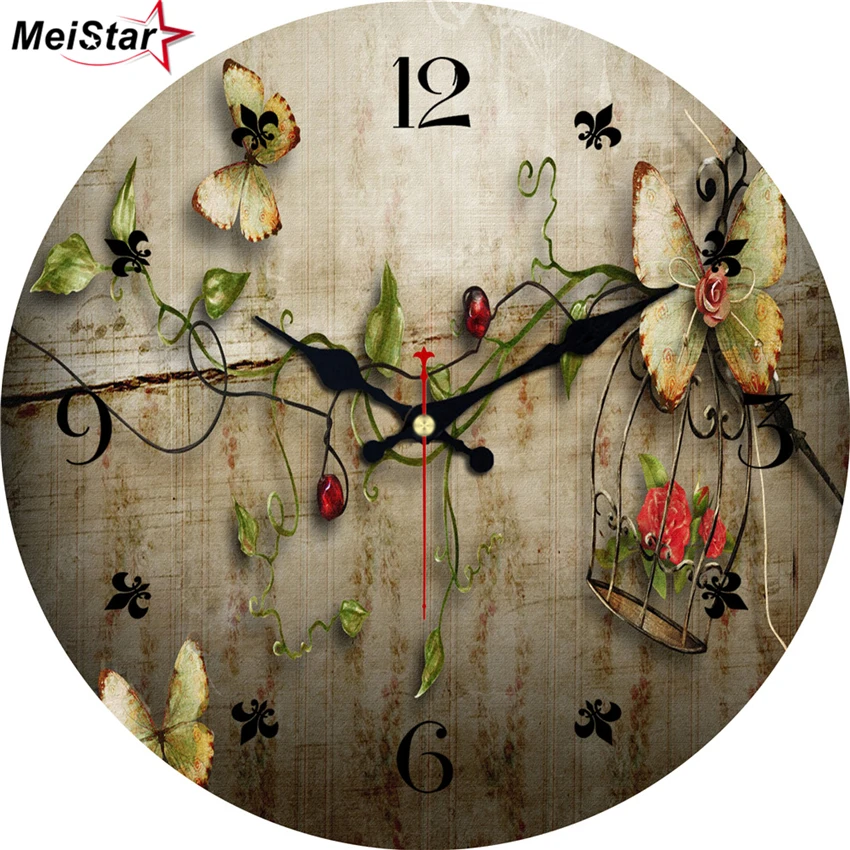 

MEISTAR Vintage Butterfly Round Silent Home Decor for Kitchen Cafe Office Saat Decoration Large Wall Art Clock horloge murale