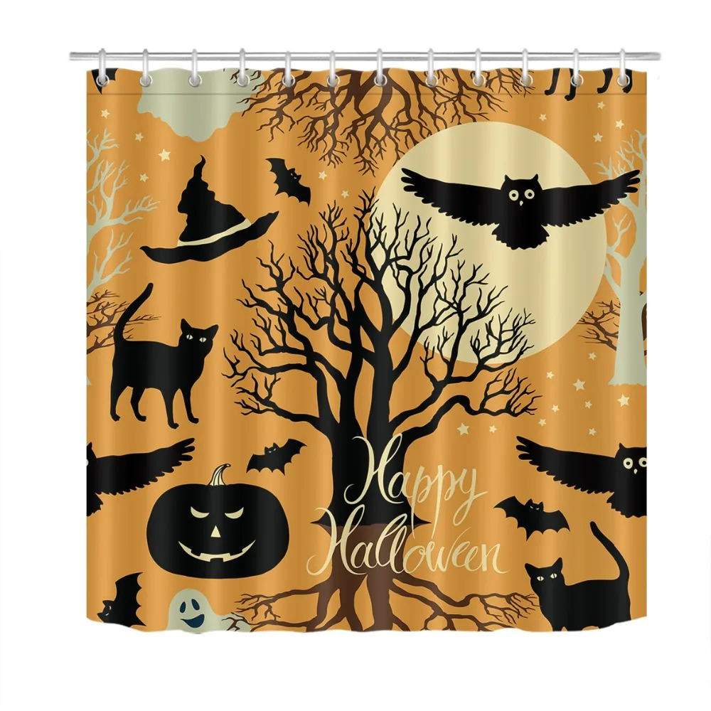 Halloween Decor Bat With Pumpkin Shower Curtain Set Bathroom Fabric 12hooks