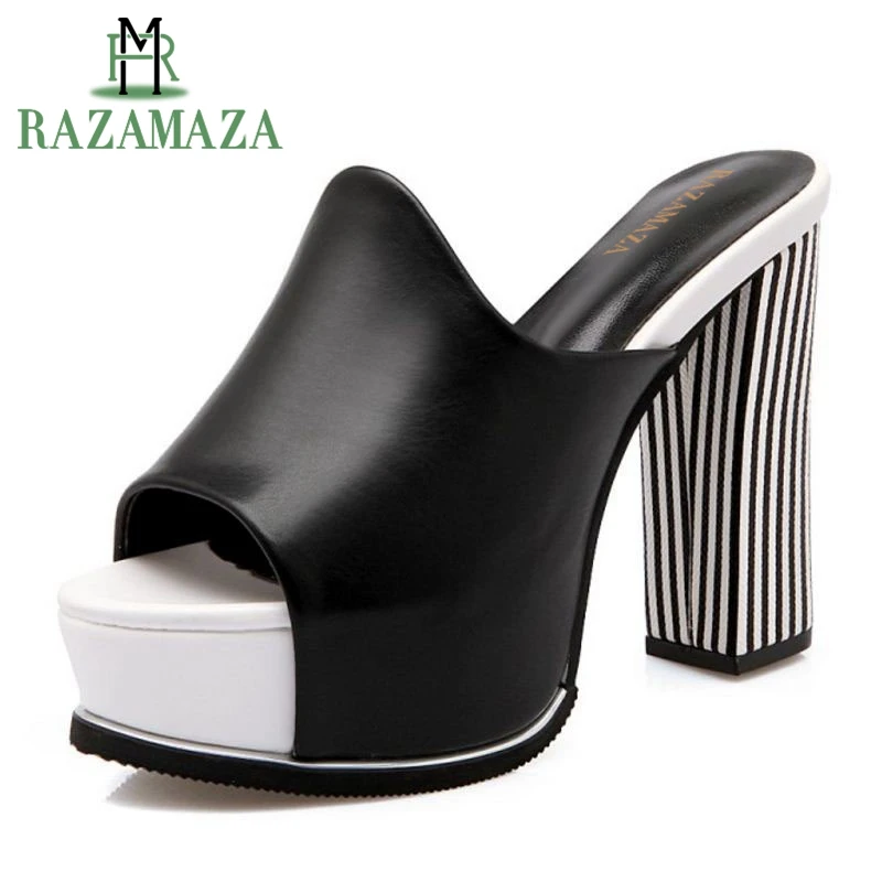 

RAZAMAZA Women Real Genuine Leather High Heels Sandals Peep Toe Slippers Summer Woman Office Daily Mules Sandals Size 33-40