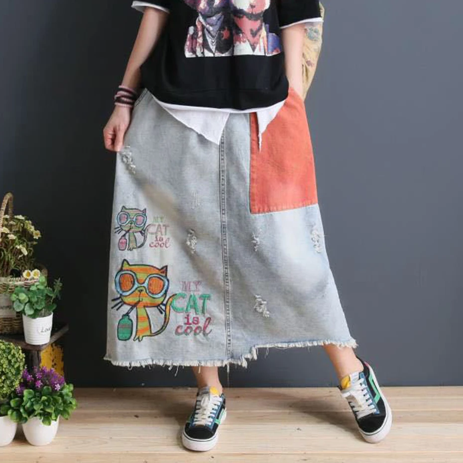 

Women Denim Skirt Kawaii Sweet Cute Fashion Long Loose Elastic Waist Skirt Embroidery Cartoon Cats AZ39672424