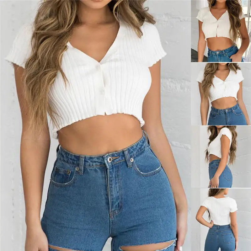 Internet Hot New Ladies Top Fashion Women Sexy V-Neck Short Sleeve Ribbed Buttons Short Casual Crop Top Vest cropped feminino Internet Hot New Ladies Top Fashion Women Sexy V-Neck Short Sleeve Ribbed Buttons Short Casual Crop Top Vest cropped feminino