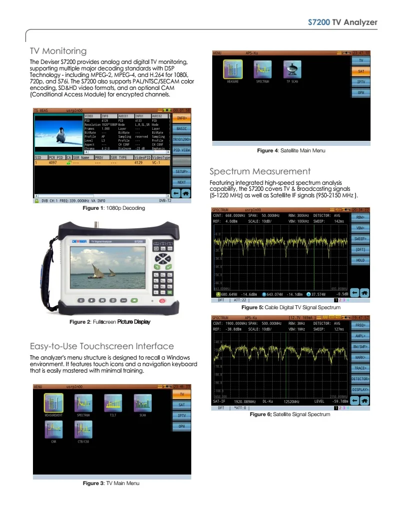 DEVISER цифровой и аналоговый анализатор тв сигнала DVB-C/C2 DVB-T/T2 DVB-S/S2 спутниковый анализатор S7200(ATSC и isdb-tb опция