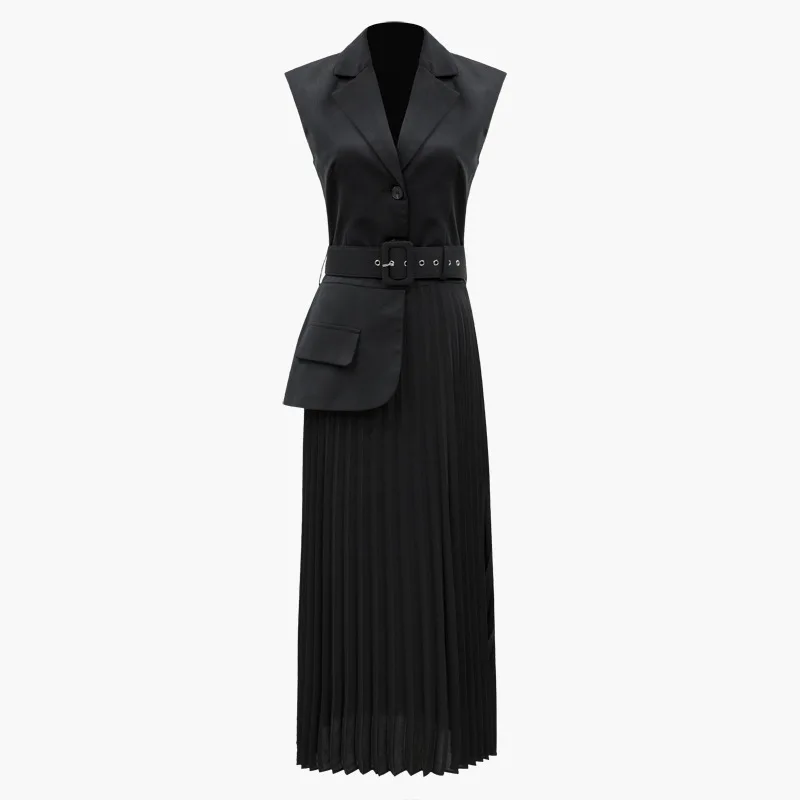 

TVVOVVIN 2019 New Spring Real Image Women's Jacket Europe Tail Suit Vest Split Joint Plissee Bottoms Patchwork Long Jacket C057