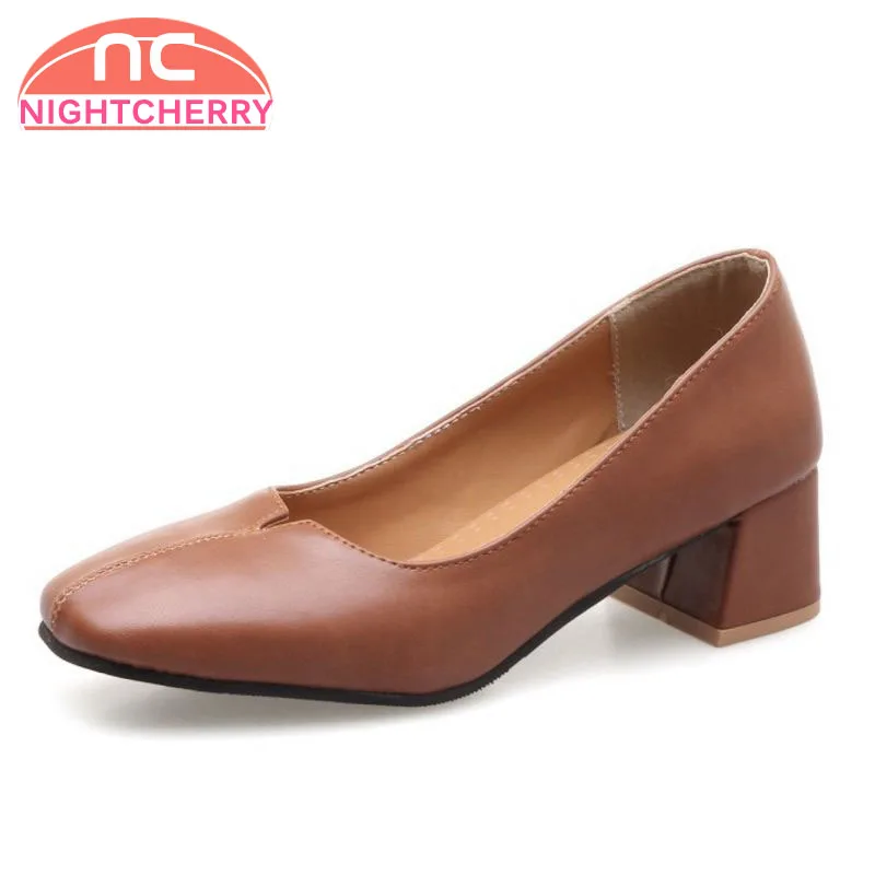 

NIGHTCHERRY Size 32-46 Office Lady Simple High Heel Shoes Women Vintage Solid Color Thick Heel Pumps Women Daily Work Retro Shoe