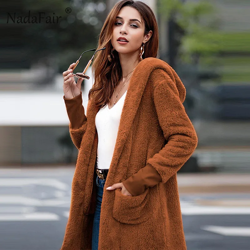 

Nadafair winter faux fur long coat women autumn pockets slim warm hoodies fur coat female soft plush overcoat ladies teddy coat