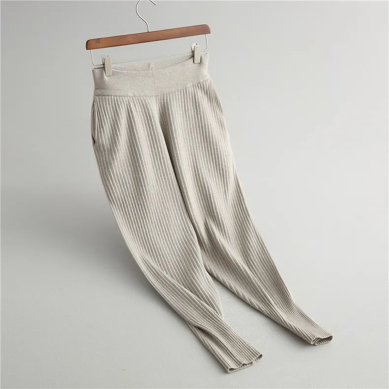 Женские модные шерстяные вязаные брюки с вертикальными ребрами, эластичные брюки длиной до щиколотки, Повседневные свитера, шаровары