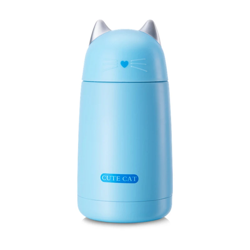 Милый Кот термос чашка домашних животных Дети Термо Кружка ребенок 330 мл бутылка для воды Нержавеющая сталь вакуумной присоской для детей - Цвет: Blue
