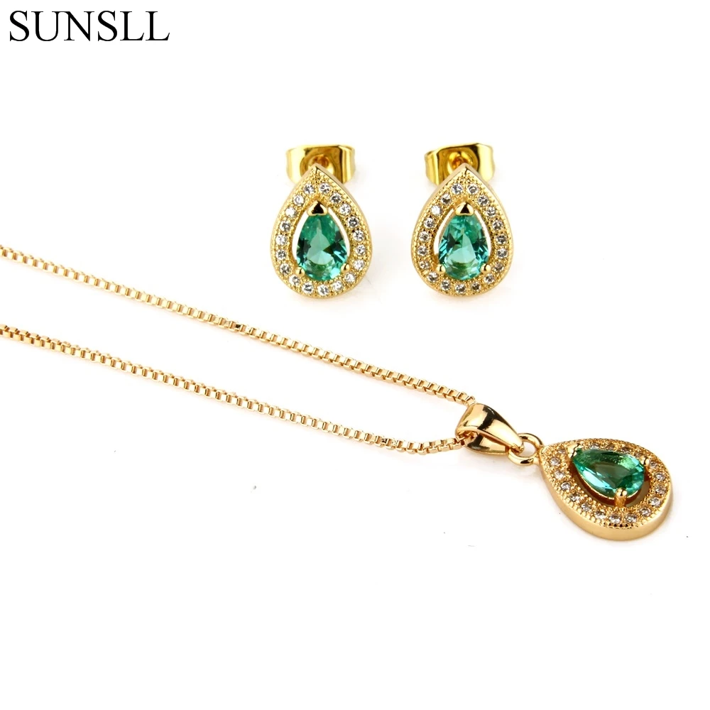 

SUNSLL Golden Color Copper Multicolor Crack Cubic Zirconia Stud Earrings And Pendant Necklaces Women's Fashion Jewelry Sets