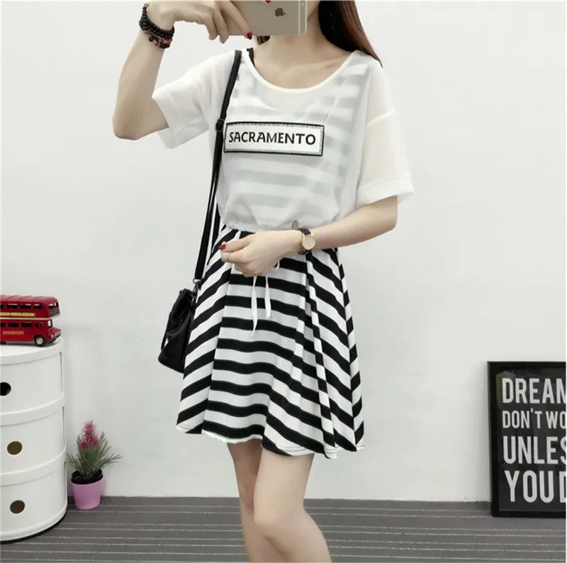 Fashion 2 Pieces Dress 2019 Women Striped Summer School Dress With Cappa Casual Dresses Teenage Girl Clothes Vestidos De Fiesta (4)