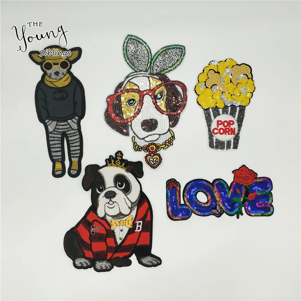 

Sequins Cartoon Animal iron on stickers Love Dog Letter patches Decoration Clothing Applique popcorn patch badges DIY Accessory