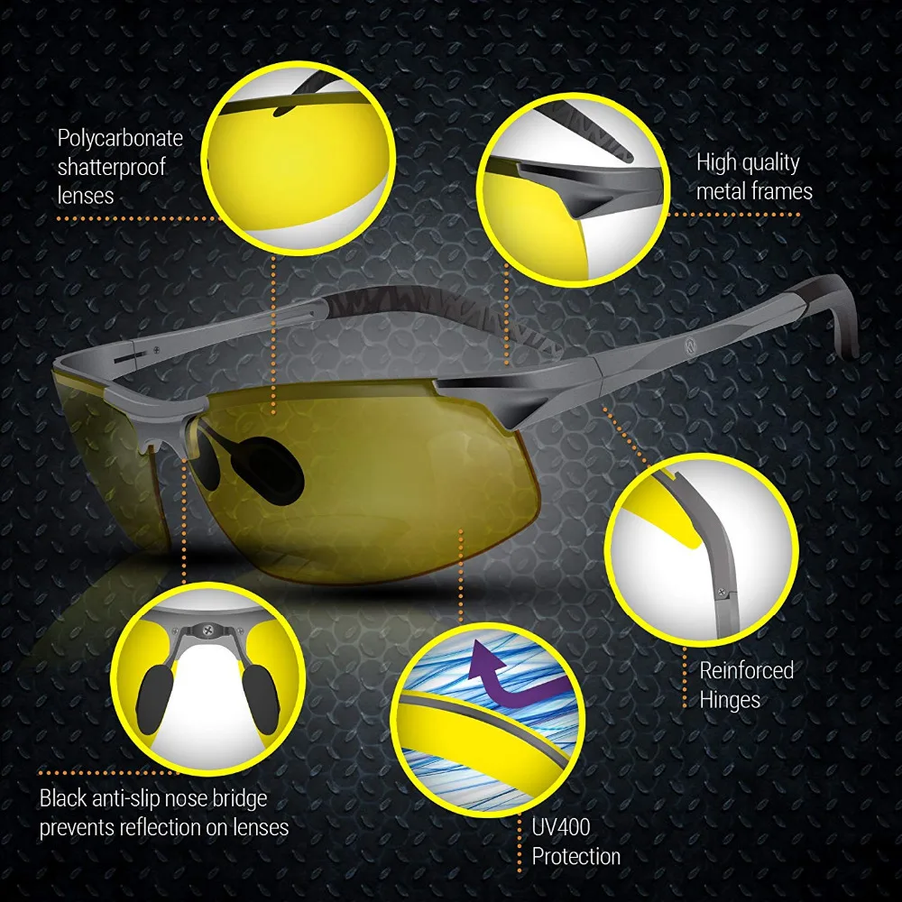 Очки для ночного вождения-поляризационные желтые линзы HD Vision антибликовые линзы UV400 небьющиеся солнечные очки в металлической оправе N001