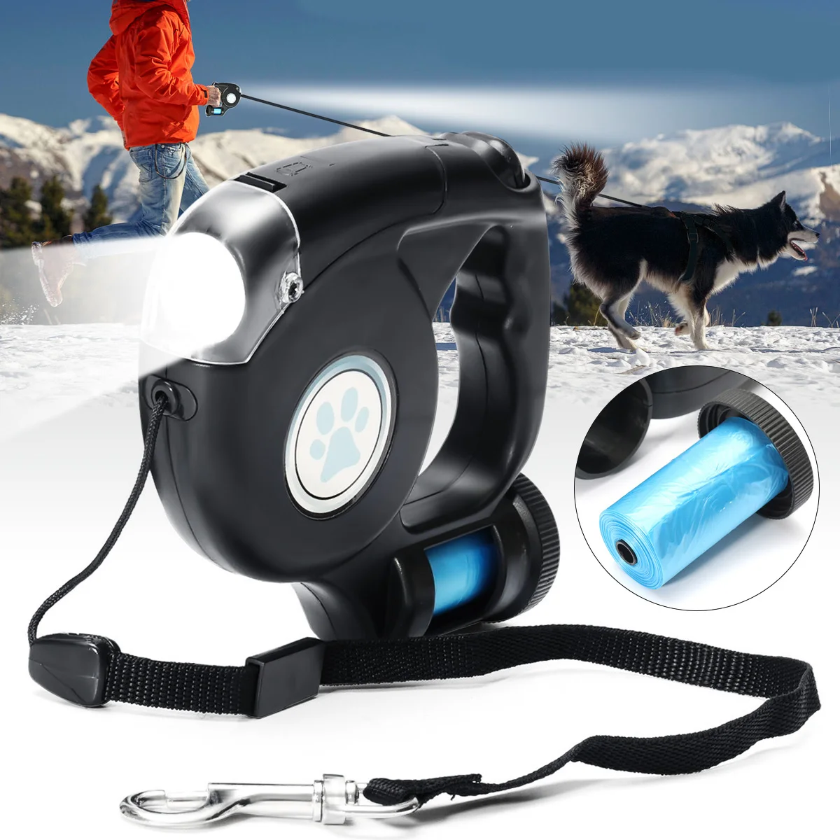 

NEW 3 in 1 Pet Dog Leash Lead Retractable LED Flashlight Dogs Leash with Garbage Bag Safe Walking Running Protect 3 Colors