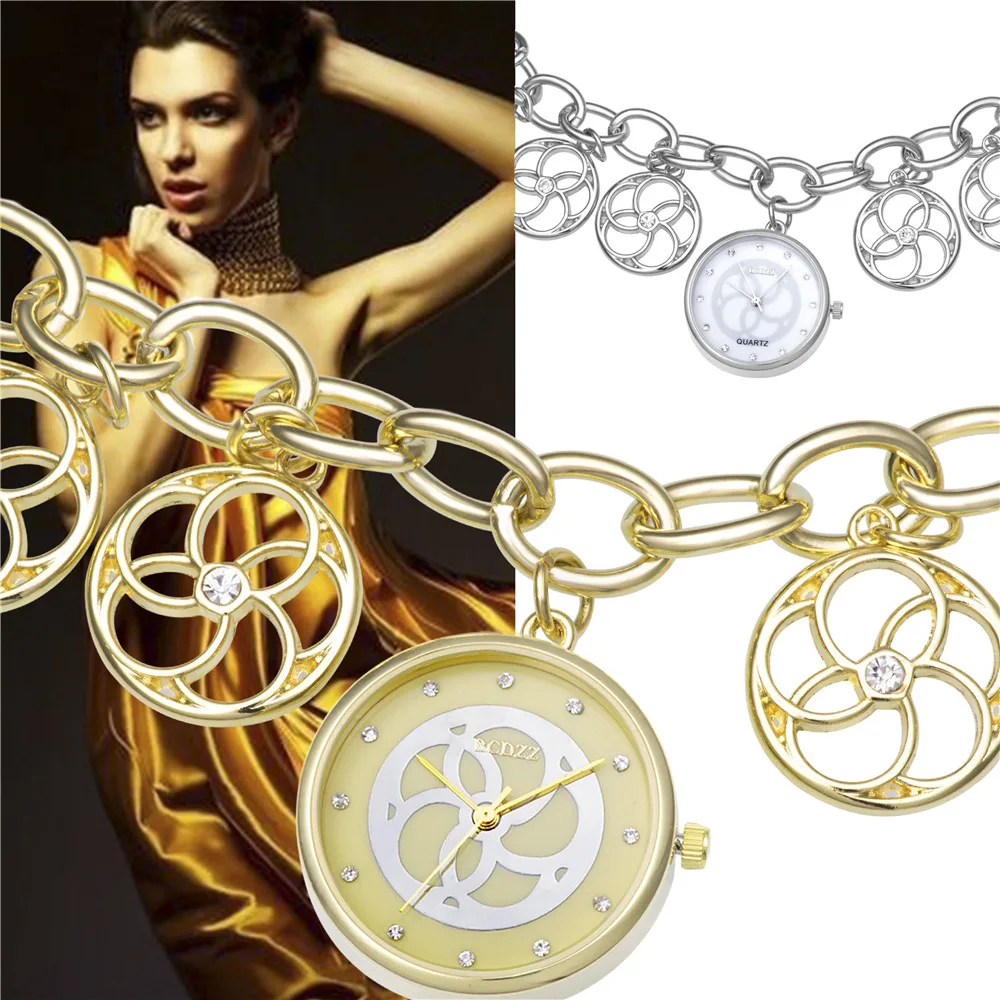 Женские серебряные золотые цепочка на запястье браслет часы, круглый циферблат Япония модные кварцевые часы, женские наручные часы