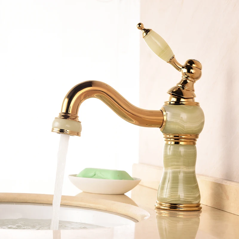 

Basin Faucets Luxury Jade Body Cold and Hot Water Sink Faucet Single Handle Gold Finish Basin Sink Mixers Tap AG-9630s